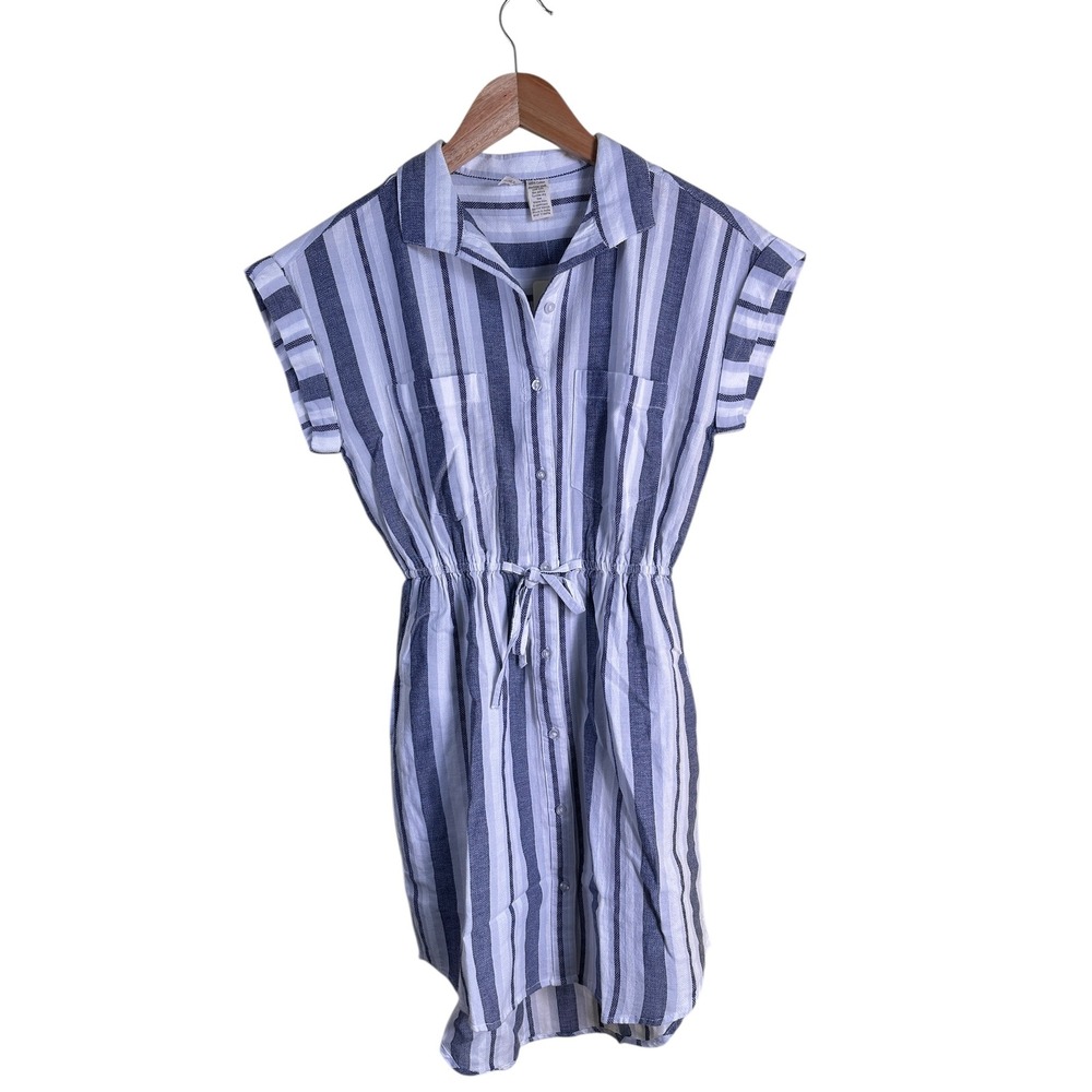 Japna Blue Stripe Shirt Dress XS‎ Coastal Preppy Casual Drawstring NWT